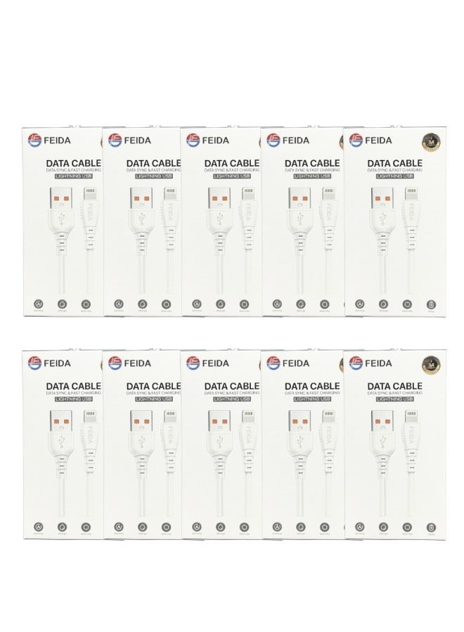 10-Pack Lightning to USB Cables (White) - 1m Mobile Charging Cable
