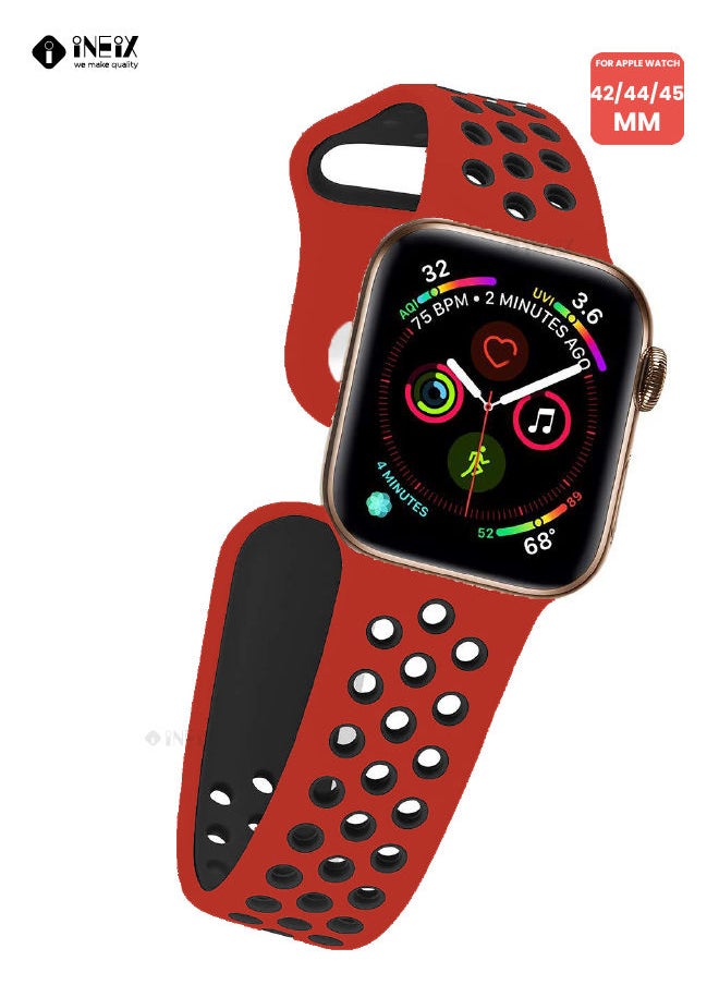 INEIX - Soft Silicone Sport Nike Edition Replacement Strap For Apple Watch 42/44/45 mm - Red/Black - Image 1