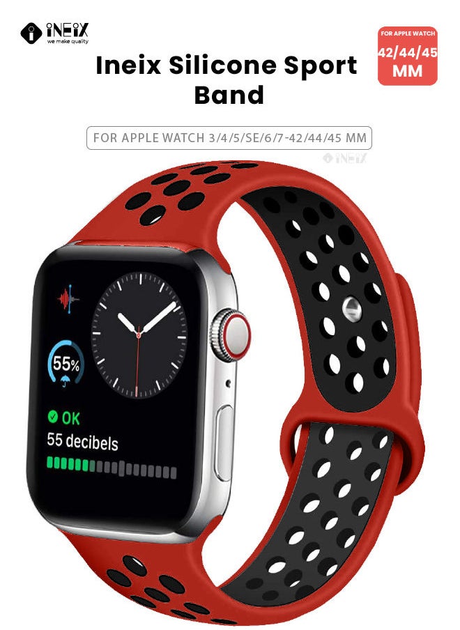 INEIX - Soft Silicone Sport Nike Edition Replacement Strap For Apple Watch 42/44/45 mm - Red/Black - Image 1