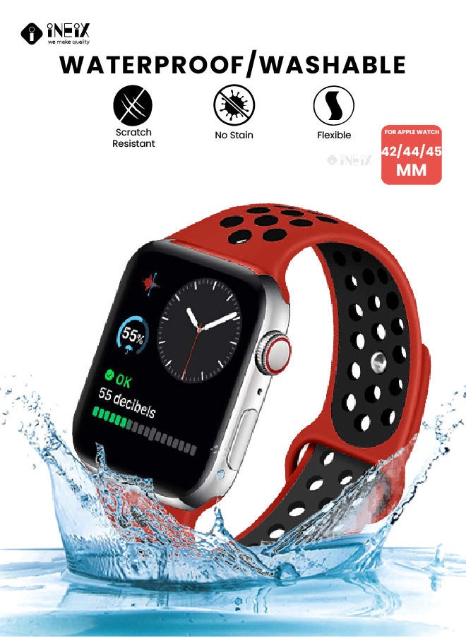 INEIX - Soft Silicone Sport Nike Edition Replacement Strap For Apple Watch 42/44/45 mm - Red/Black - Image 1