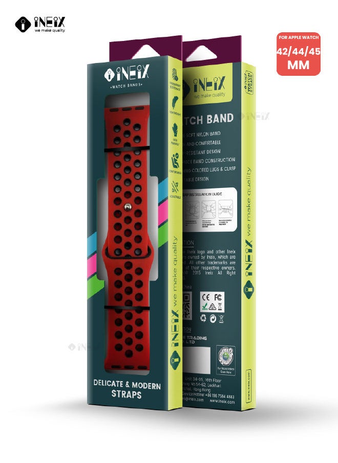 INEIX - Soft Silicone Sport Nike Edition Replacement Strap For Apple Watch 42/44/45 mm - Red/Black - Image 1