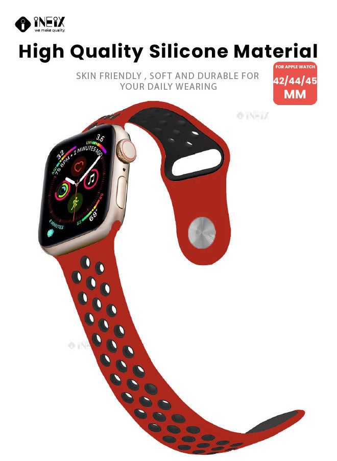 INEIX - Soft Silicone Sport Nike Edition Replacement Strap For Apple Watch 42/44/45 mm - Red/Black - Image 1