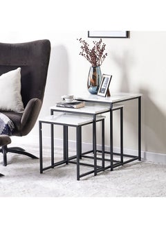 Gopler Set of 3 Nest Of Table Multifunctional Living Room Nesting Tables Space Saving Side Table Modern Design Furniture For Home 50x50x60cm White Marble/Black