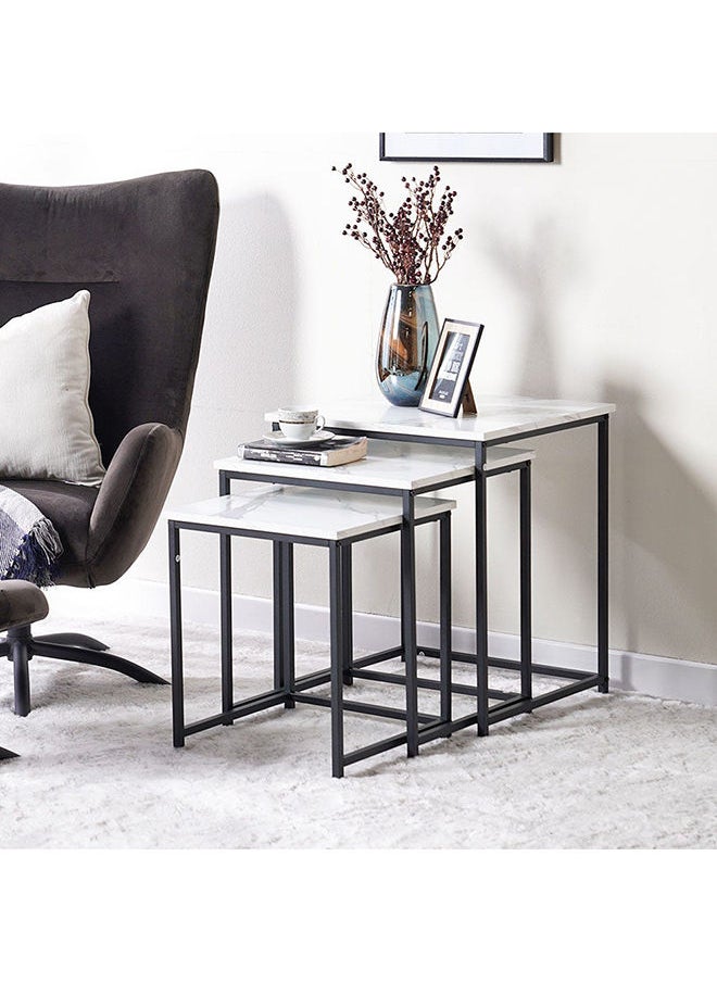 DANUBE HOME - Gopler Set of 3 Nest Of Table Multifunctional Living Room Nesting Tables Space Saving Side Table Modern Design Furniture For Home 50x50x60cm White Marble/Black - Image 1