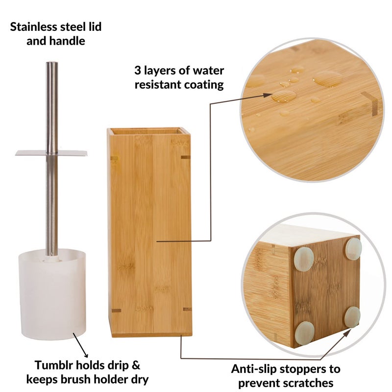 GOBAM Bamboo Toilet Bowl Cleaner with Holder for All Toilet Types - Hidden Stainless Steel Toilet Brush - Bathroom Cleaning Brushes - Toilet Accessories - Natural - Image 5