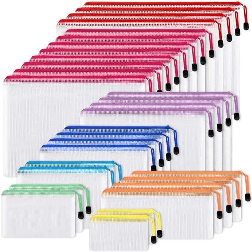 EOOUT 30pcs Mesh Zipper Pouch Bags, 8 Sizes Plastic Bags, 8 Colors Waterproof Pouches with slide fastener for Organization, Multipurpose for Travel, School Supplies, Office and Home Organization - Image 1