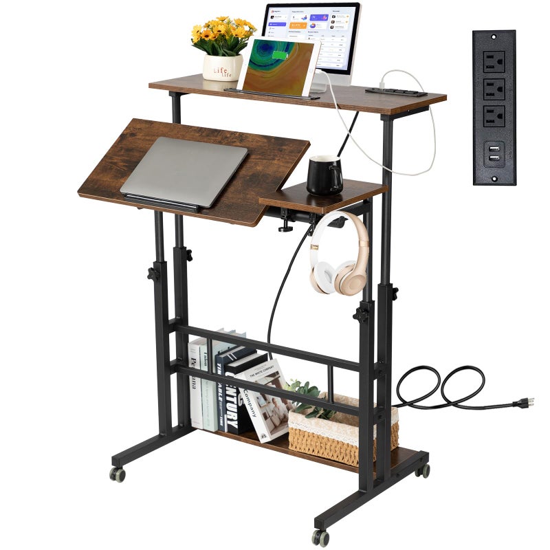 Hadulcet Mobile Standing Desk with Charging Station Stand Up Laptop Desk Mobile Workstation for Home Office Classroom with Wheels 3149 x 236 in Rustic Brown