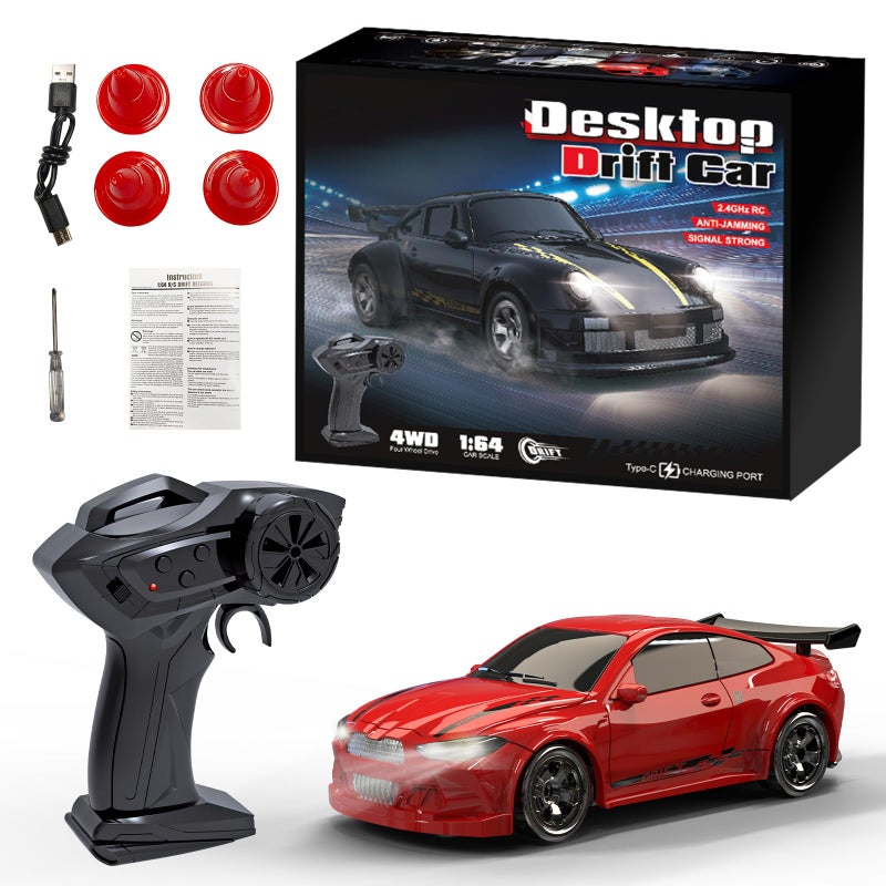 Hylukon 164 Scale Mini RC Drift Car 24GHz 4WD Full Proportional Model Vehicle with LED Lights Racing Sport Toy for Adults Teens Red - Image 3