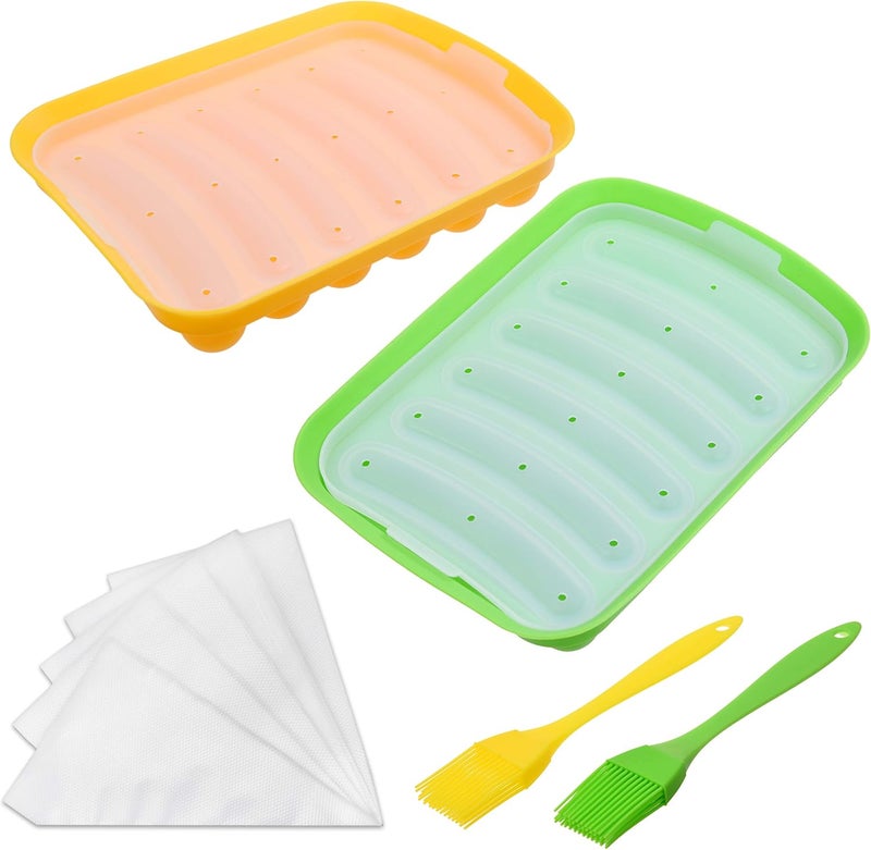 Kare Kind 2x Silicone Sausage Molds - Non-Stick Flexible Hotdog Maker - 6-Cavity Baking Cooking Steaming Container - DIY Homemade Sausages - Includes 2x Silicone Mini Brushes and 20x Pastry Bags - Image 1