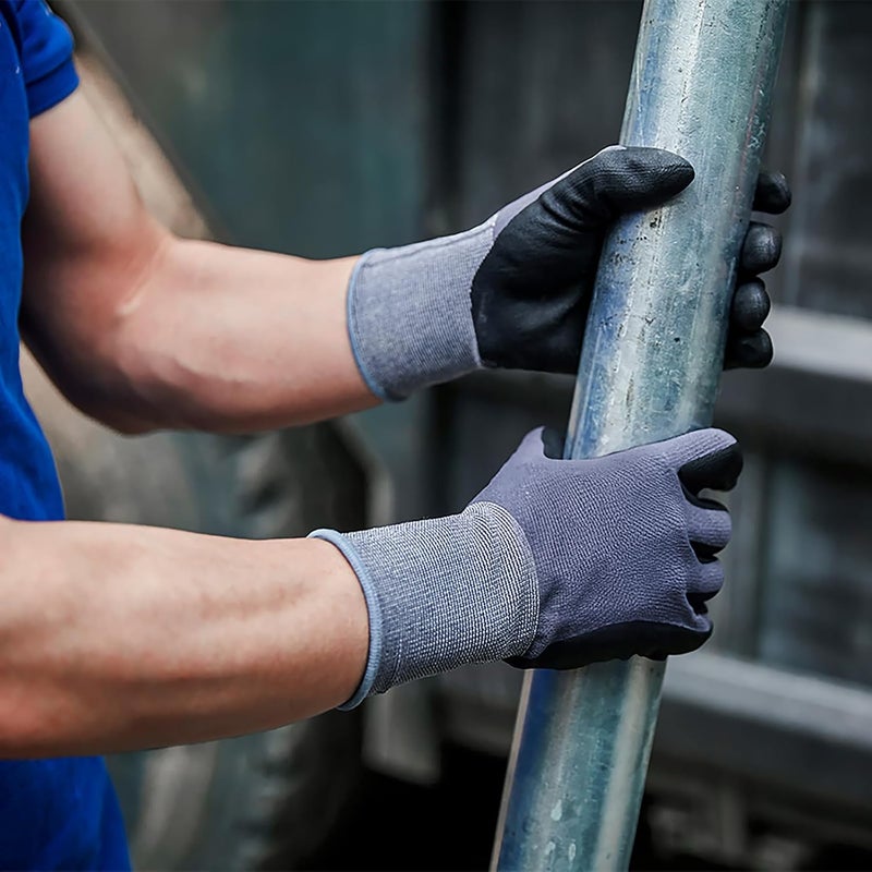 RUFCRIL Work Gloves With Grip for Men and Women, Nitrile Coated Working Gloves with Reinforced Non-slip Palm,Touchscreen Gardening Gloves, Breathable & Thin Mechanic Gloves - Grey - Image 2