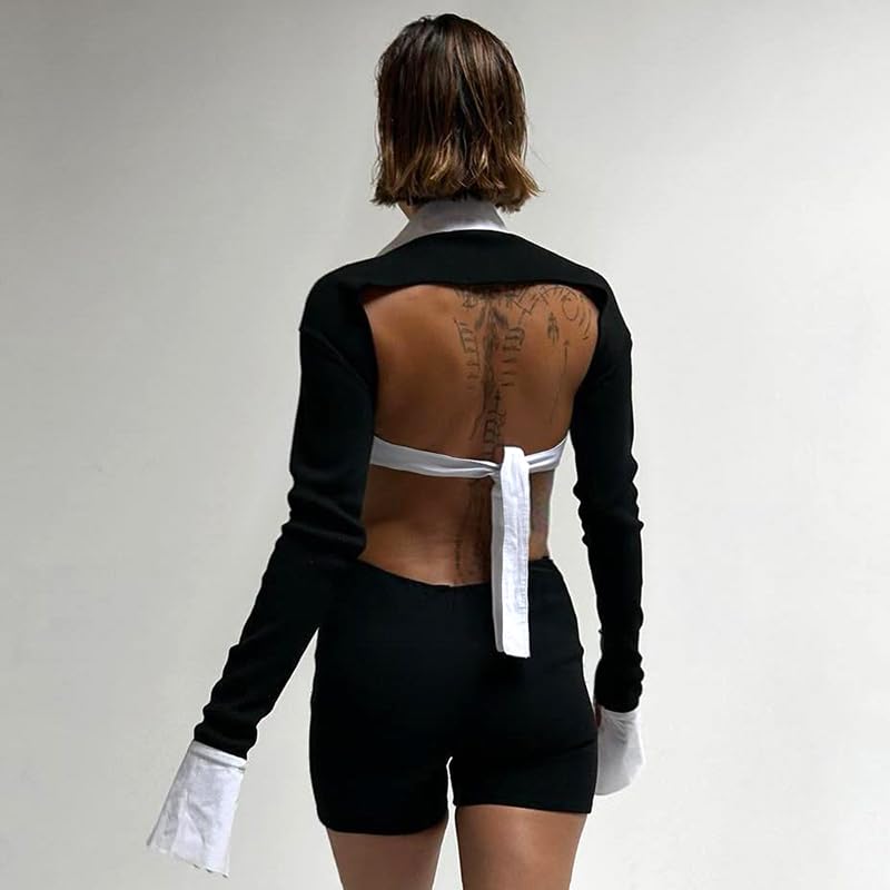 Molilove Women's Sexy Deep V Hollow Out Shirt Collar Long Sleeve Backless Strap Tight Jumpsuit Shorts Clubwear - Image 4