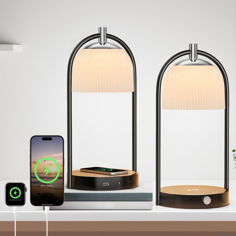 Koopala 15W Wireless Charging Bedside LED Table Lamps Set of 2, Modern Small Nightstand Lights with Type-C&USB-Port, Dimmable Night Desk Lamp for Reading Bedroom Dinner Living Room Home Office-Black - Image 1