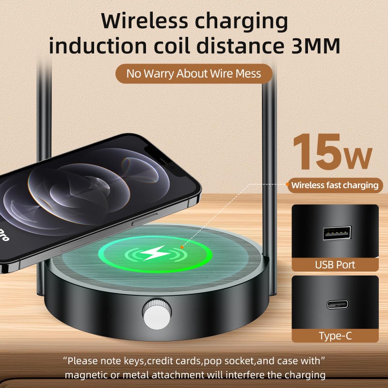 Koopala 15W Wireless Charging Bedside LED Table Lamps Set of 2, Modern Small Nightstand Lights with Type-C&USB-Port, Dimmable Night Desk Lamp for Reading Bedroom Dinner Living Room Home Office-Black - Image 2