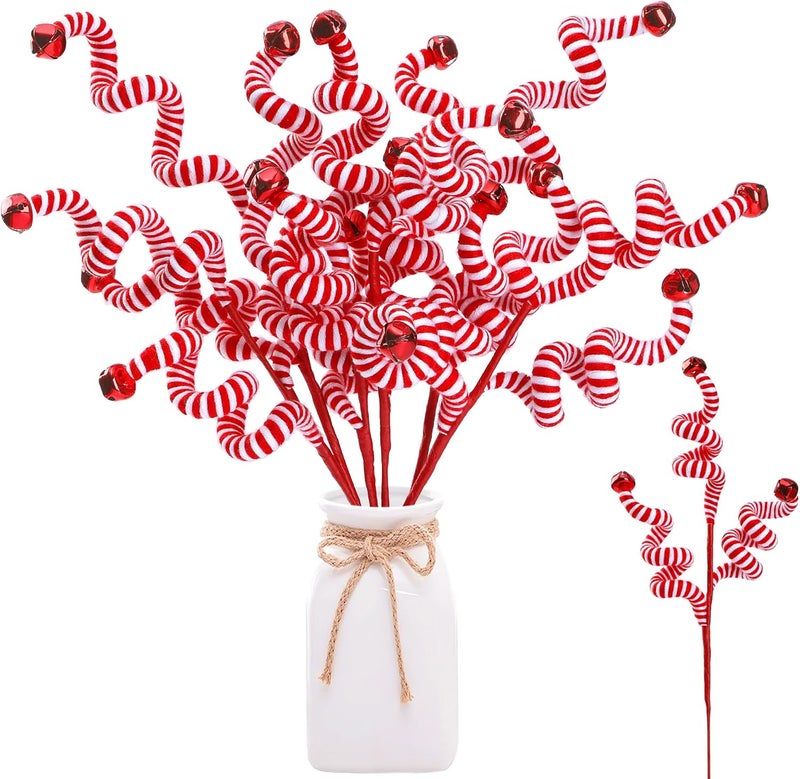 Sggvecsy 6 Pcs Christmas Tree Decoration Candy Cane Woolen Bells Candy Shape Christmas Tree Picks Christmas Bell Curly Picks Ornaments Xmas Tree Topper for Vase Filler Office Home Decor Red - Image 1