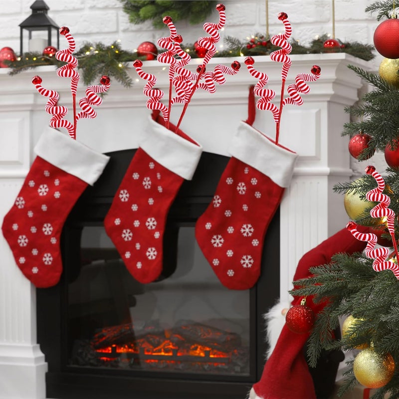 Sggvecsy 6 Pcs Christmas Tree Decoration Candy Cane Woolen Bells Candy Shape Christmas Tree Picks Christmas Bell Curly Picks Ornaments Xmas Tree Topper for Vase Filler Office Home Decor Red - Image 4