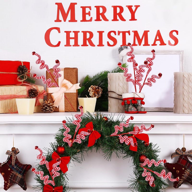 Sggvecsy 6 Pcs Christmas Tree Decoration Candy Cane Woolen Bells Candy Shape Christmas Tree Picks Christmas Bell Curly Picks Ornaments Xmas Tree Topper for Vase Filler Office Home Decor Red - Image 5