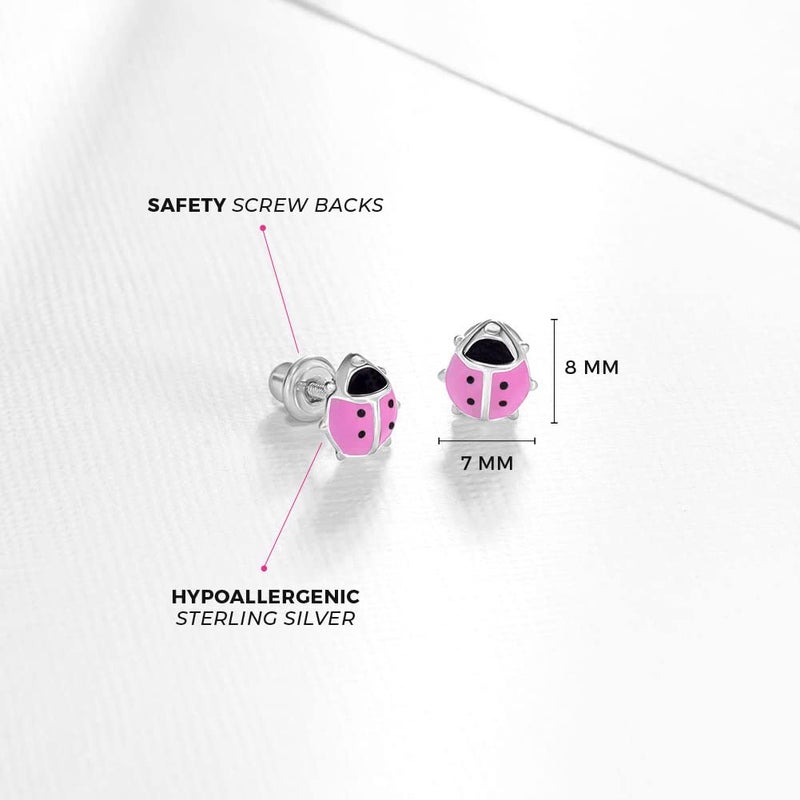 In Season Jewelry 925 Sterling Silver Kids Pink Ladybug Stud Earrings with Safety Screw Back Girls - Image 4