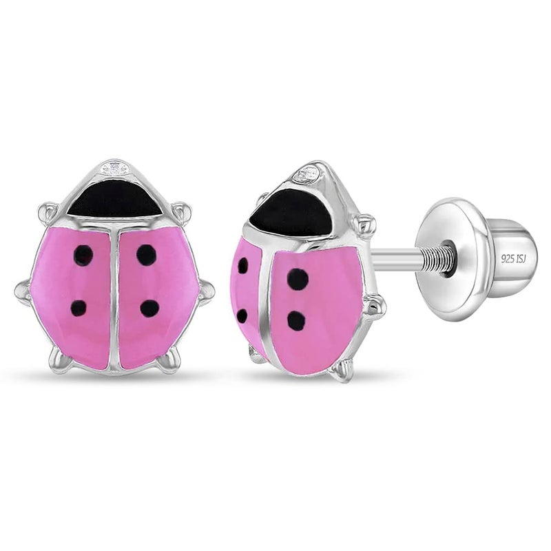 In Season Jewelry 925 Sterling Silver Kids Pink Ladybug Stud Earrings with Safety Screw Back Girls - Image 1