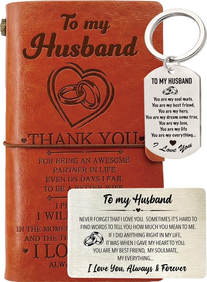 MALLAbyLAMMA Husband Journal from Wife, Husband Wallet Card Engraved, Husband Keychain, To My Husband Leather Journal 140 Pages Writing Notebook, Gift for Husband Birthday Christmas Valentine Anniversary - Image 1
