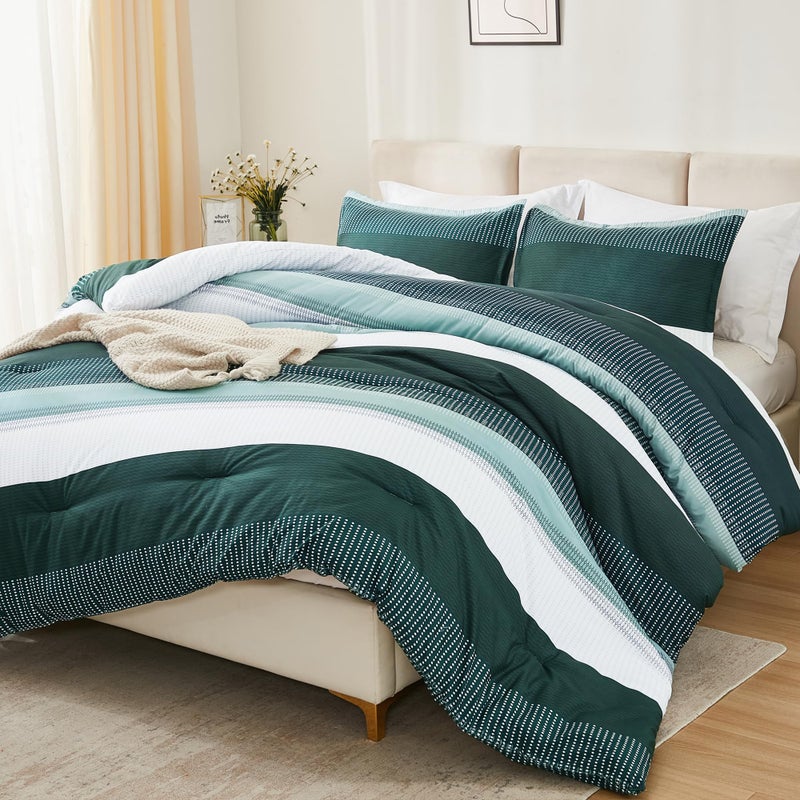 Litanika Litanika Dark Emerald Green King Bed Comforter Set  3 Pieces Bedding Set  Colorblock Stripe Vintage Bed Set (104x90In Comforter & 2 Pillowcases)  - Image 1