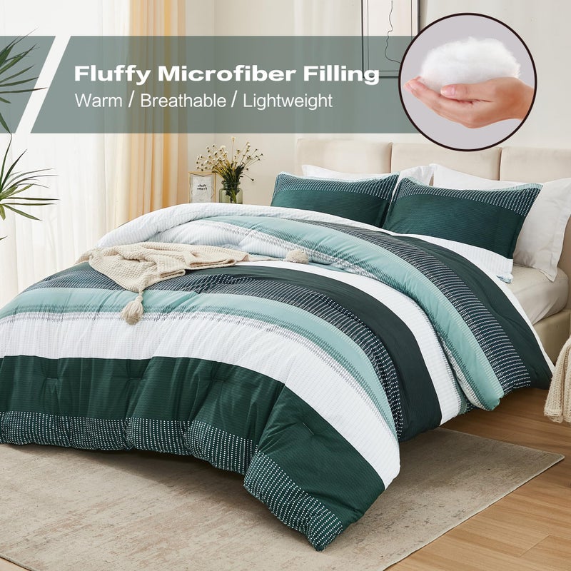 Litanika Litanika Dark Emerald Green King Bed Comforter Set  3 Pieces Bedding Set  Colorblock Stripe Vintage Bed Set (104x90In Comforter & 2 Pillowcases)  - Image 5