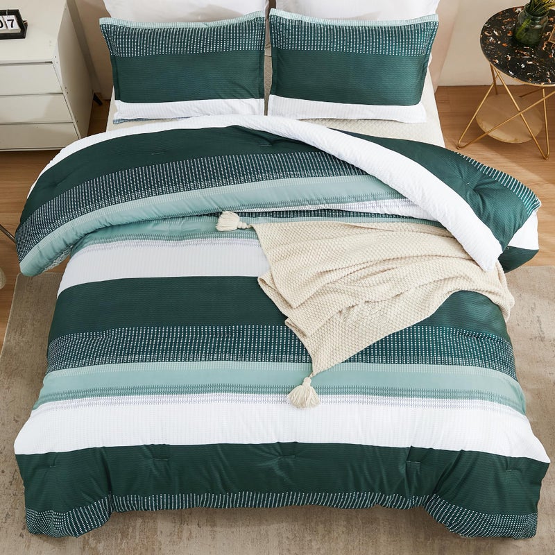 Litanika Litanika Dark Emerald Green King Bed Comforter Set  3 Pieces Bedding Set  Colorblock Stripe Vintage Bed Set (104x90In Comforter & 2 Pillowcases)  - Image 2