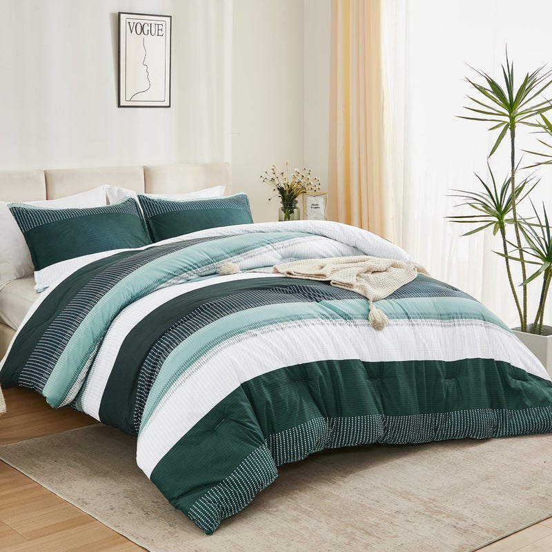 Litanika Litanika Dark Emerald Green King Bed Comforter Set  3 Pieces Bedding Set  Colorblock Stripe Vintage Bed Set (104x90In Comforter & 2 Pillowcases)  - Image 3