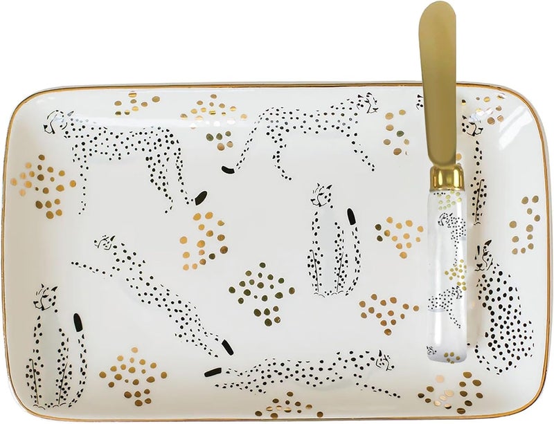 Mary Square Mary Square Goldfoil Cheetah Animal Print 8 x 6 Ceramic Stoneware Kitchen Dinner Cheese Board Appetizer Small Charcuterie Serving Platter with Knife Spreader 2Piece Set  - Image 1