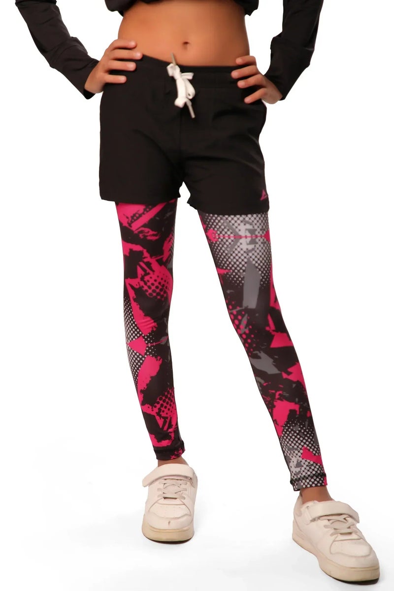 ANJA Girls Sporty Black Shorts with Pink pattern Graphic Leggings – Kids Athletic Layered Bottoms - Image 1