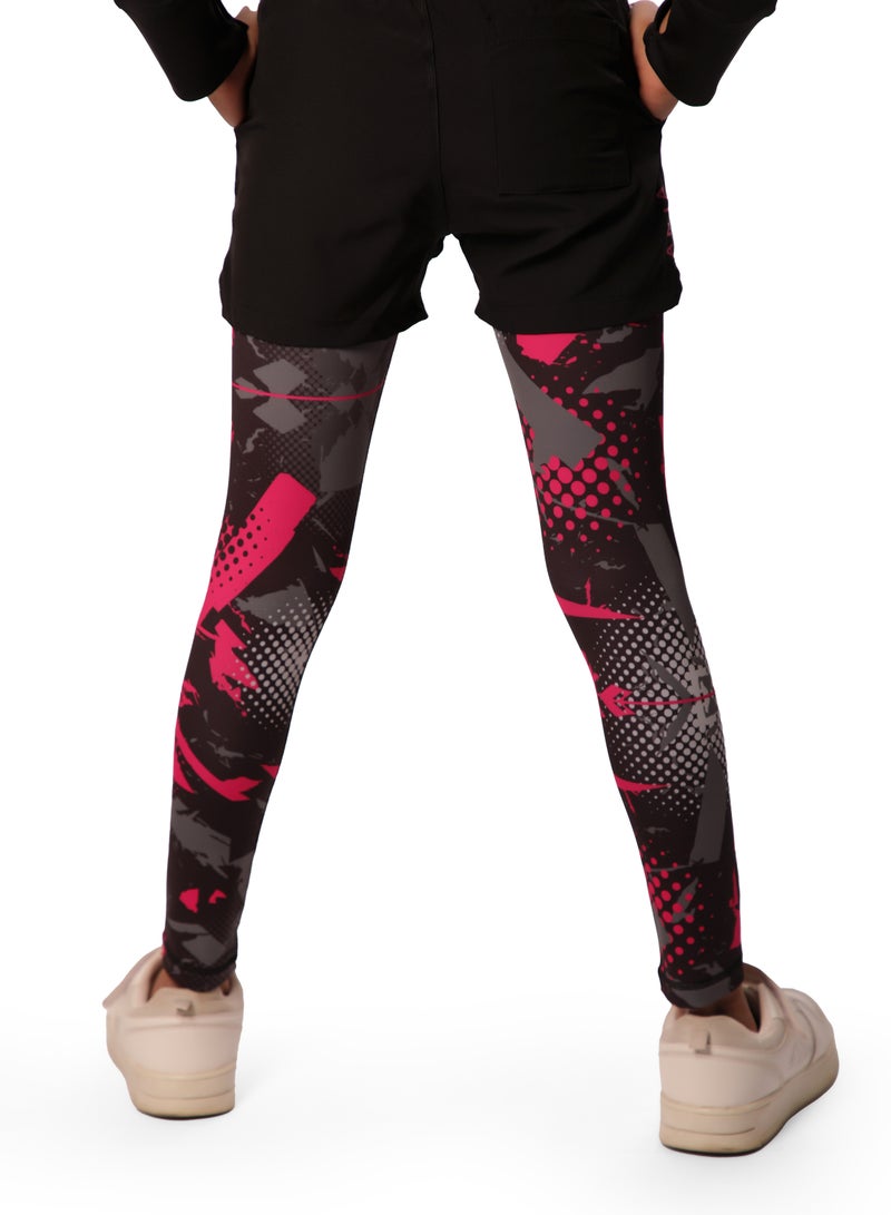 ANJA Girls' Black and Pink Double-Layer Performance Leggings with Shorts – Dry Fit - Image 2