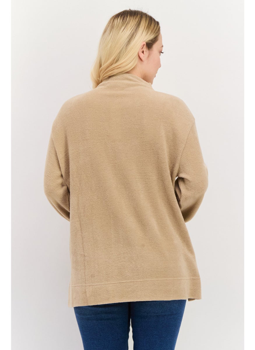 ESPRIT - Women Mock Neck Long Sleeve Textured Sweatshirt, Taupe - Image 1