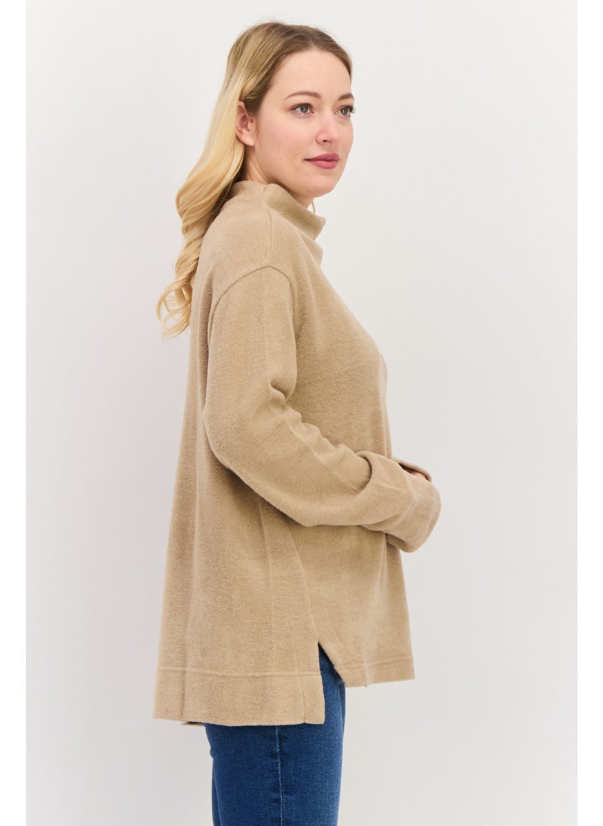 ESPRIT - Women Mock Neck Long Sleeve Textured Sweatshirt, Taupe - Image 1