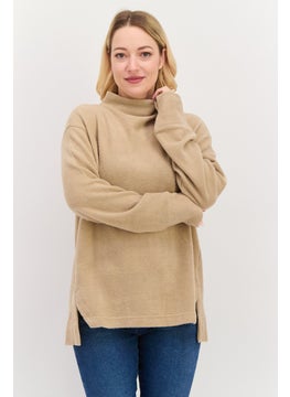 Women Mock Neck Long Sleeve Textured Sweatshirt, Taupe