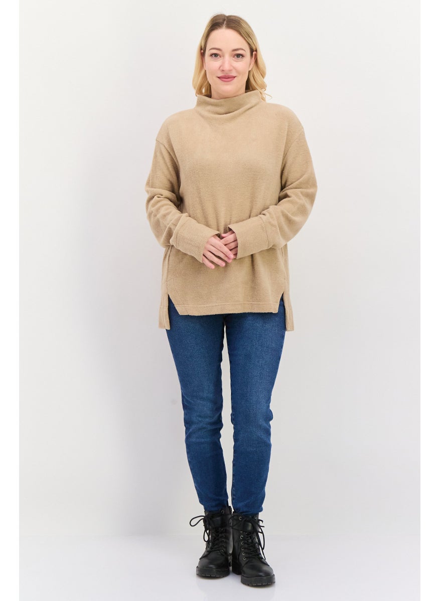 ESPRIT - Women Mock Neck Long Sleeve Textured Sweatshirt, Taupe - Image 1