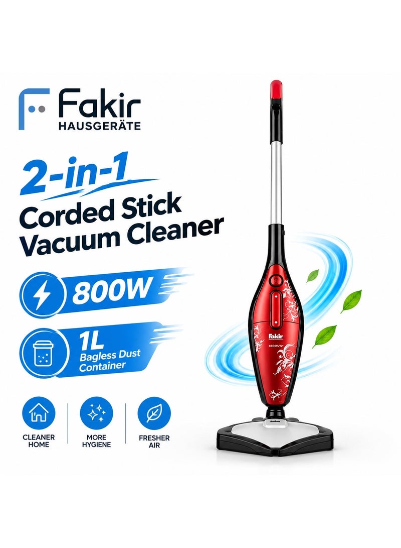 Fakir 2-in-1 Corded Stick Vacuum Cleaner, 800W, 1L Bagless Dust Container, High Suction Multi-Surface Vacuum Cleaner for Home Cleaning, Red - Image 1