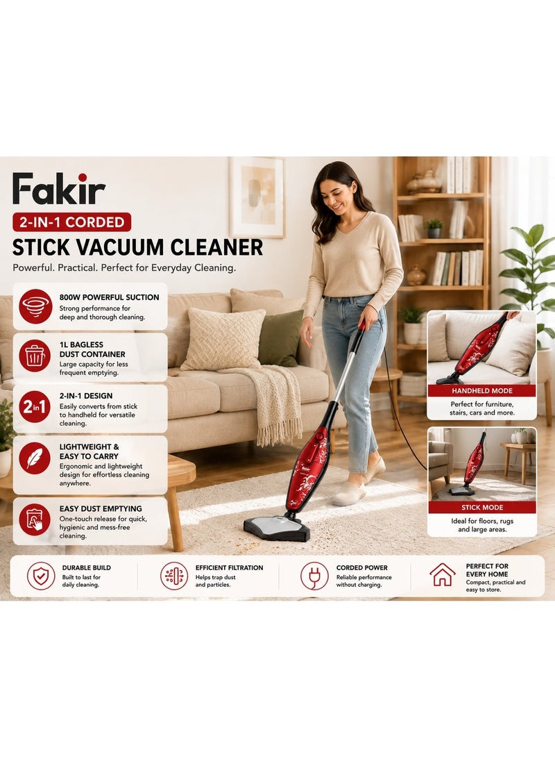 Fakir 2-in-1 Corded Stick Vacuum Cleaner, 800W, 1L Bagless Dust Container, High Suction Multi-Surface Vacuum Cleaner for Home Cleaning, Red - Image 3