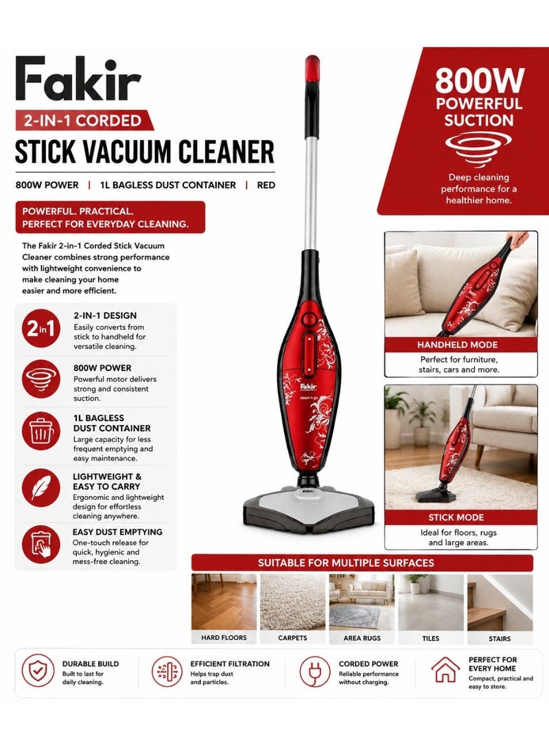 Fakir 2-in-1 Corded Stick Vacuum Cleaner, 800W, 1L Bagless Dust Container, High Suction Multi-Surface Vacuum Cleaner for Home Cleaning, Red - Image 2