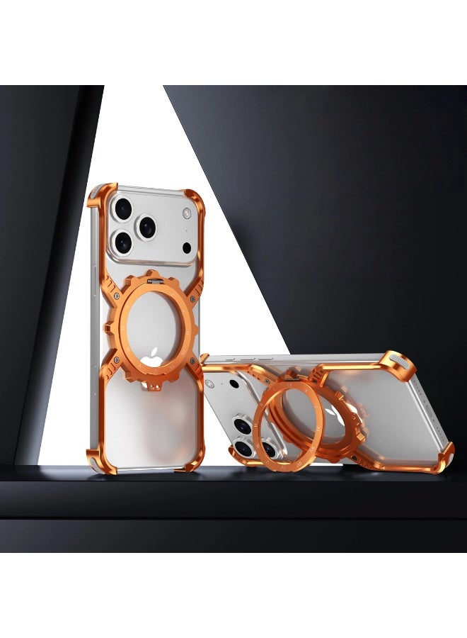 عام مناسب لـ iPhone 17 Pro Max، غلاف هاتف معدني مبدد للحرارة، مع حامل تروس مضيء في الظلام، غلاف بدون حواف مقاوم للسقوط، مقاوم للخدوش والبلى