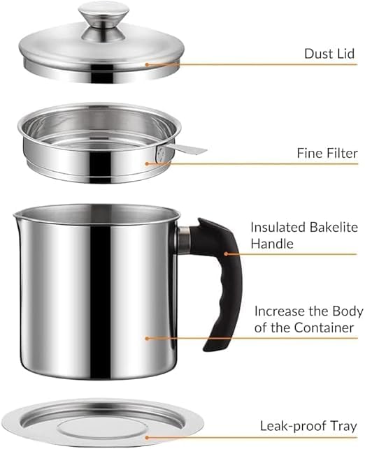 KACHKIT Oil Strainer Pot Grease Can Stainless Steel Cooking Grease ContainerReuse Oil Storage Best Oil Shaver Can Container with Removable Filter - Image 5