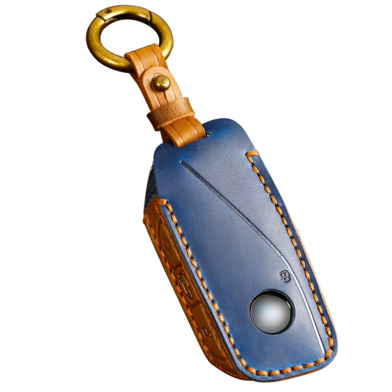 OLLEN ScrewsFree Genuine Leather Key Fob Cover Fit for BMW 20232025up New 57 Series 740i 760i X1 X2 X3 X5 X6 X7 XM IX IX3 I5 I7 etc with Key Ring Blue