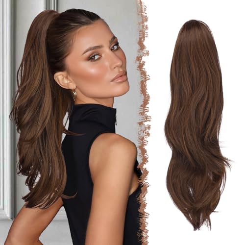FESHFEN Drawstring Ponytail Extension Natural Long Wavy Layered Synthetic Pony Tails Brown Auburn Mixed Hair Extensions Hairpieces for Women 20 inch - Image 1
