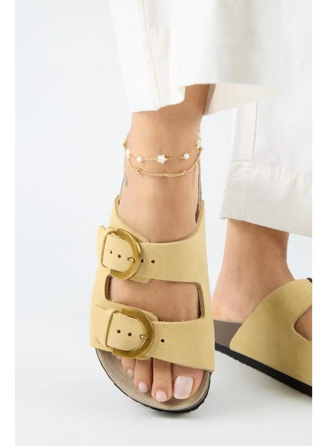 Fuga Women's Leather Genuine Leather Double Buckle Nubuck Yellow Sandal.