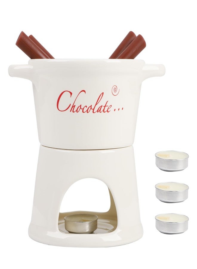 TOWEBOORY Pure White Porcelain Chocolate Fondue Set, Hot Pot Chocolate Fountain Snack Light Porcelain Melting Pot with 4 Forks and 4 Candles for Chocolate Cheese Caramel - Image 3