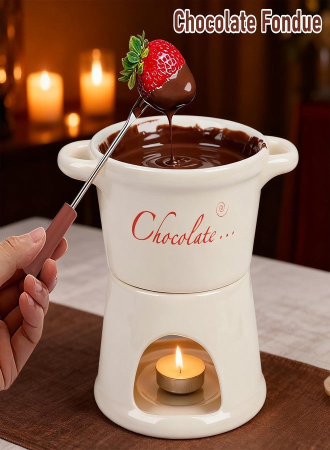 TOWEBOORY Pure White Porcelain Chocolate Fondue Set, Hot Pot Chocolate Fountain Snack Light Porcelain Melting Pot with 4 Forks and 4 Candles for Chocolate Cheese Caramel - Image 5