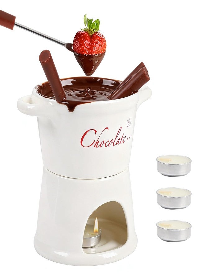 TOWEBOORY Pure White Porcelain Chocolate Fondue Set, Hot Pot Chocolate Fountain Snack Light Porcelain Melting Pot with 4 Forks and 4 Candles for Chocolate Cheese Caramel - Image 1