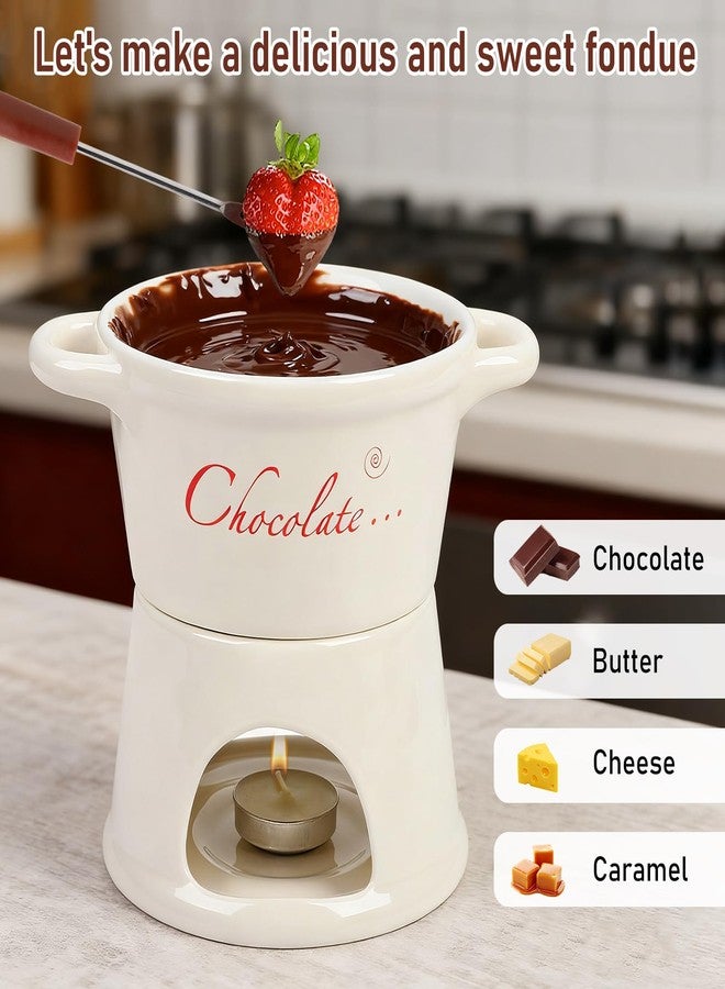 TOWEBOORY Pure White Porcelain Chocolate Fondue Set, Hot Pot Chocolate Fountain Snack Light Porcelain Melting Pot with 4 Forks and 4 Candles for Chocolate Cheese Caramel - Image 4