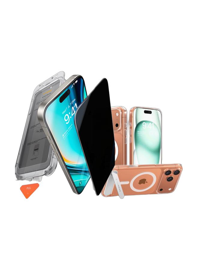 TORRAS Install Master Privacy Series iPhone 17 Pro Max Black Screen Protector – 9H+ Hardness, 25° Anti-Spy, 12FT Drop Protection - Black & P-Stand Series iPhone 17 Pro Max Clear Case – Magnetic Kickstand, 18N Mag, 12FT Mil-Grade - ClearBundle - Image 1