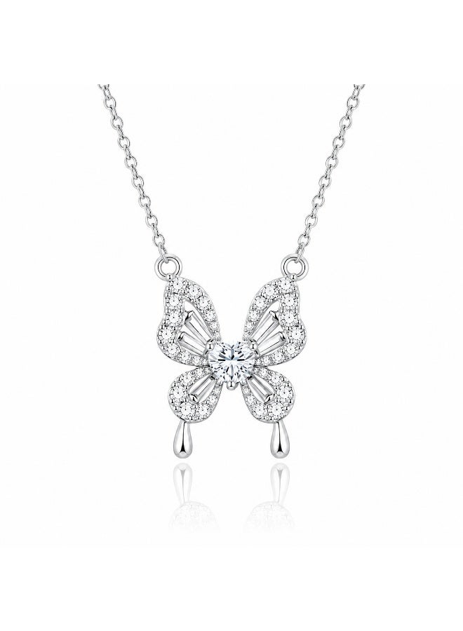 RAFAL Crystal Butterfly Women's Silver-Tone Pendant Necklace with Heart Center and Hanging Drops - Image 1