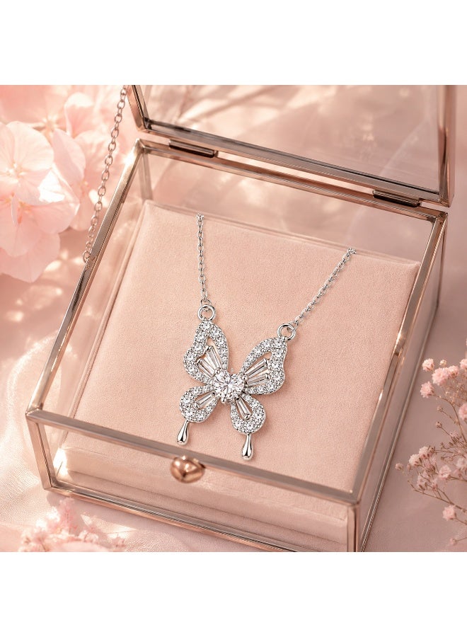 RAFAL Crystal Butterfly Women's Silver-Tone Pendant Necklace with Heart Center and Hanging Drops - Image 4