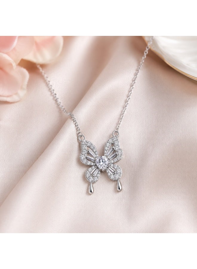 RAFAL Crystal Butterfly Women's Silver-Tone Pendant Necklace with Heart Center and Hanging Drops - Image 2
